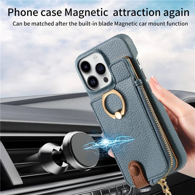 Y3 For iPhone 16 Pro Max Case Card Holder Kickstand Leather+TPU Phone Cover with Zipper Pocket