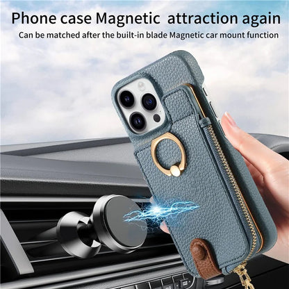 Y3 For iPhone 16 Pro Max Case Card Holder Kickstand Leather+TPU Phone Cover with Zipper Pocket