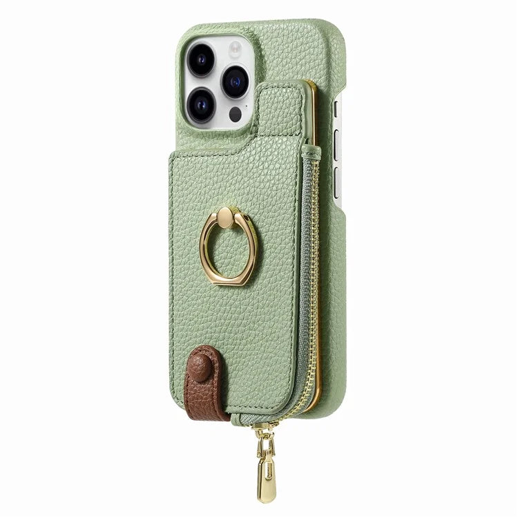 Y3 For iPhone 16 Pro Max Case Card Holder Kickstand Leather+TPU Phone Cover with Zipper Pocket