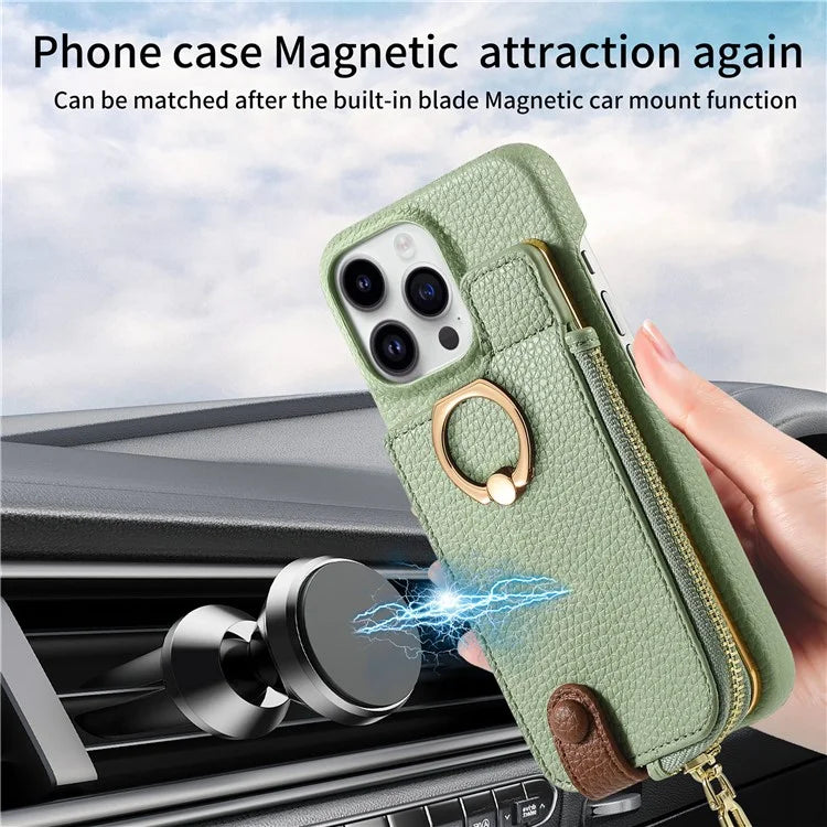 Y3 For iPhone 16 Pro Max Case Card Holder Kickstand Leather+TPU Phone Cover with Zipper Pocket