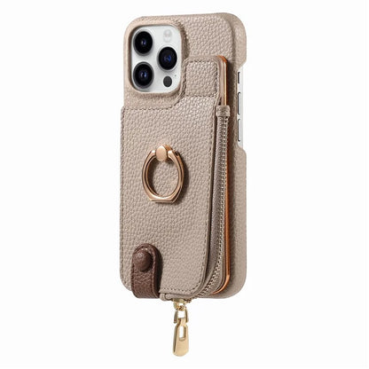 Y3 For iPhone 16 Pro Max Case Card Holder Kickstand Leather+TPU Phone Cover with Zipper Pocket