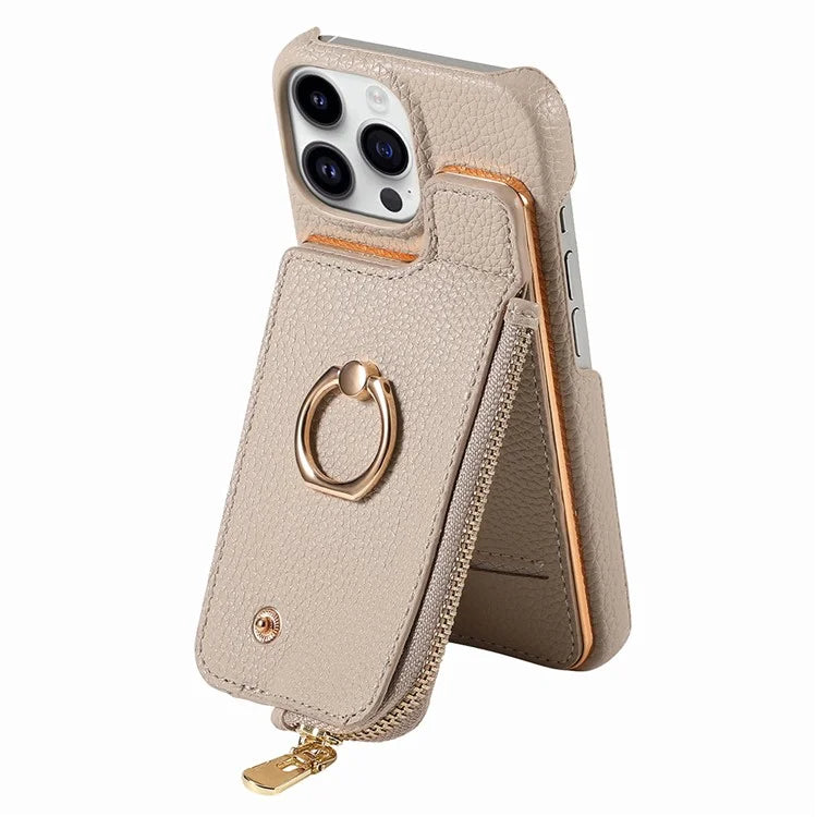Y3 For iPhone 16 Pro Max Case Card Holder Kickstand Leather+TPU Phone Cover with Zipper Pocket