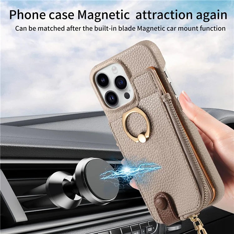 Y3 For iPhone 16 Pro Max Case Card Holder Kickstand Leather+TPU Phone Cover with Zipper Pocket