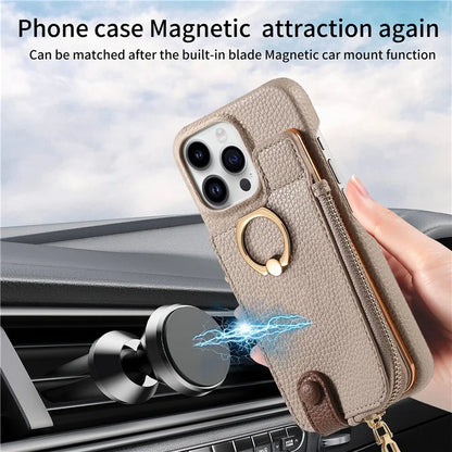 Y3 For iPhone 16 Pro Max Case Card Holder Kickstand Leather+TPU Phone Cover with Zipper Pocket