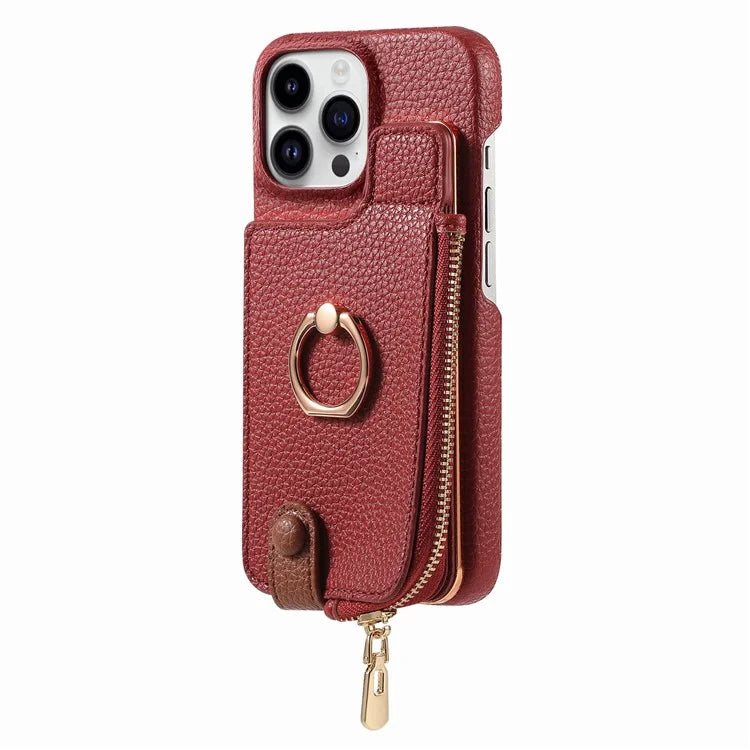 Y3 For iPhone 16 Pro Max Case Card Holder Kickstand Leather+TPU Phone Cover with Zipper Pocket