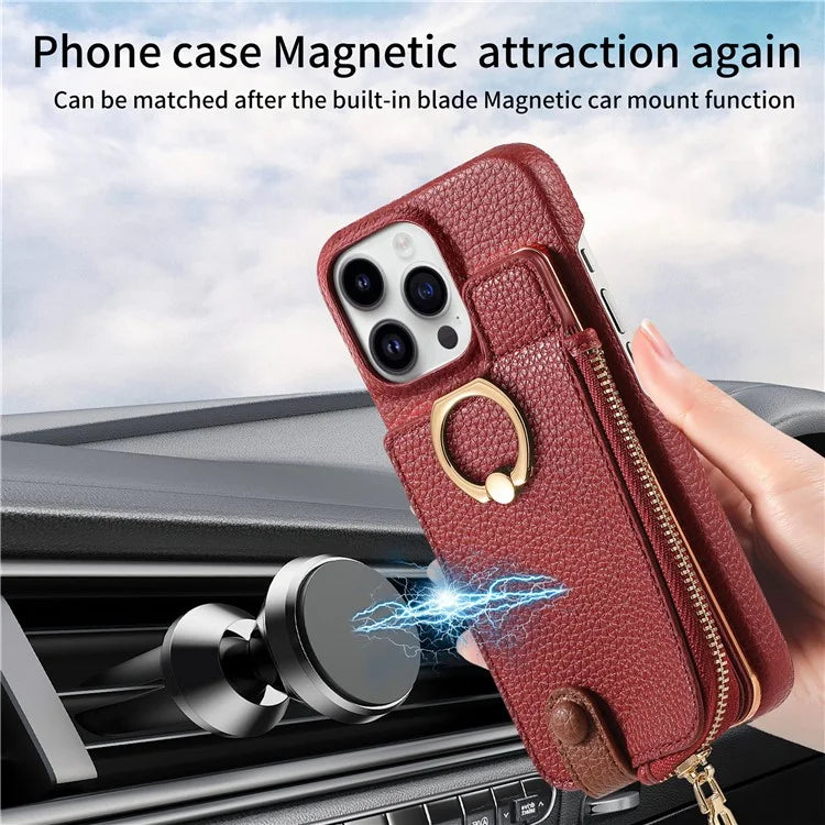 Y3 For iPhone 16 Pro Max Case Card Holder Kickstand Leather+TPU Phone Cover with Zipper Pocket