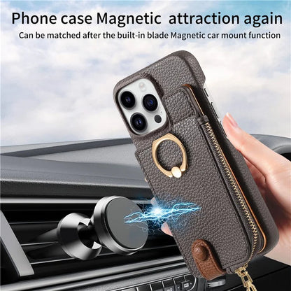 Y3 For iPhone 16 Pro Max Case Card Holder Kickstand Leather+TPU Phone Cover with Zipper Pocket
