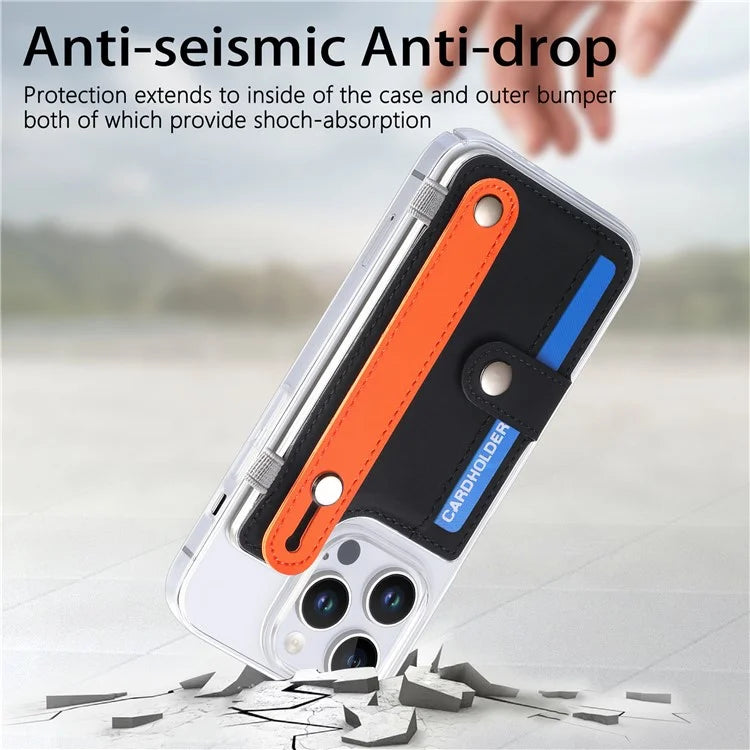 CY1 For iPhone 16 Pro Max Case Card Slot Wristband Kickstand Leather+PC Phone Cover