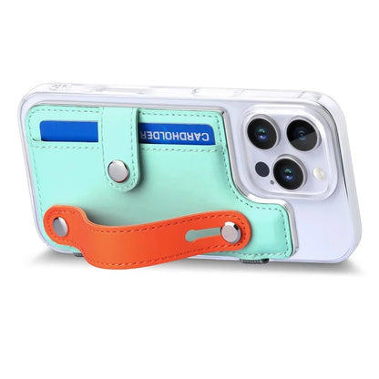 CY1 For iPhone 16 Pro Max Case Card Slot Wristband Kickstand Leather+PC Phone Cover
