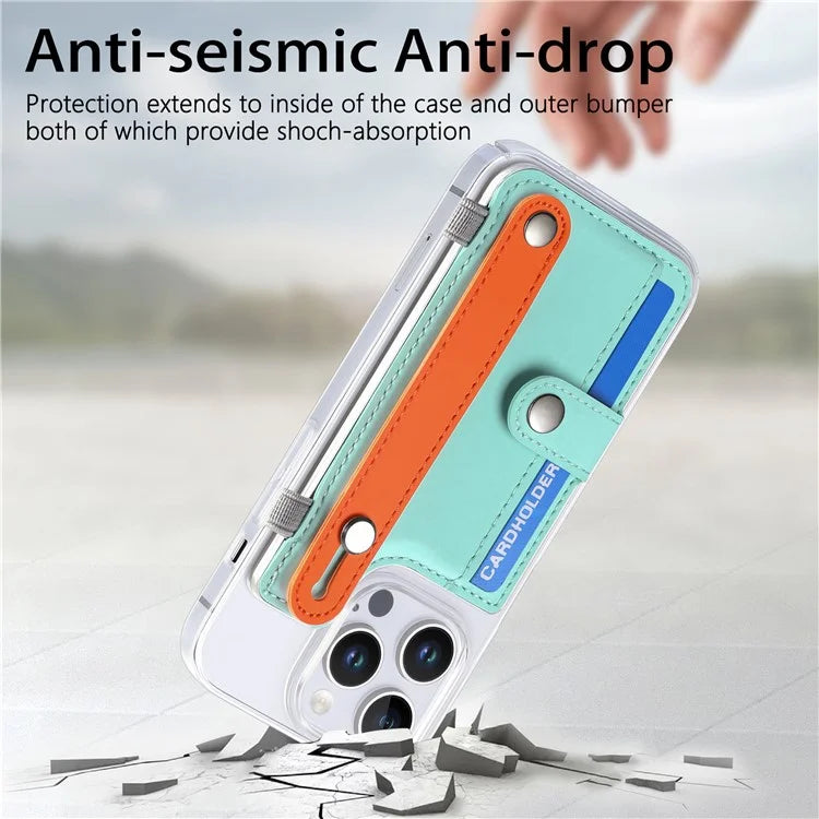 CY1 For iPhone 16 Pro Max Case Card Slot Wristband Kickstand Leather+PC Phone Cover