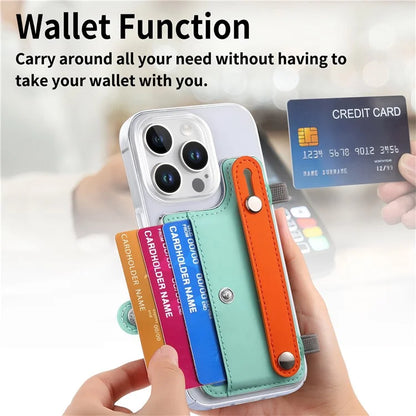 CY1 For iPhone 16 Pro Max Case Card Slot Wristband Kickstand Leather+PC Phone Cover