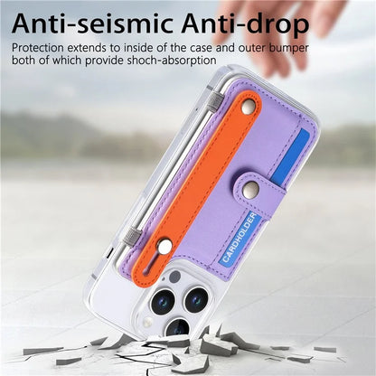 CY1 For iPhone 16 Pro Max Case Card Slot Wristband Kickstand Leather+PC Phone Cover