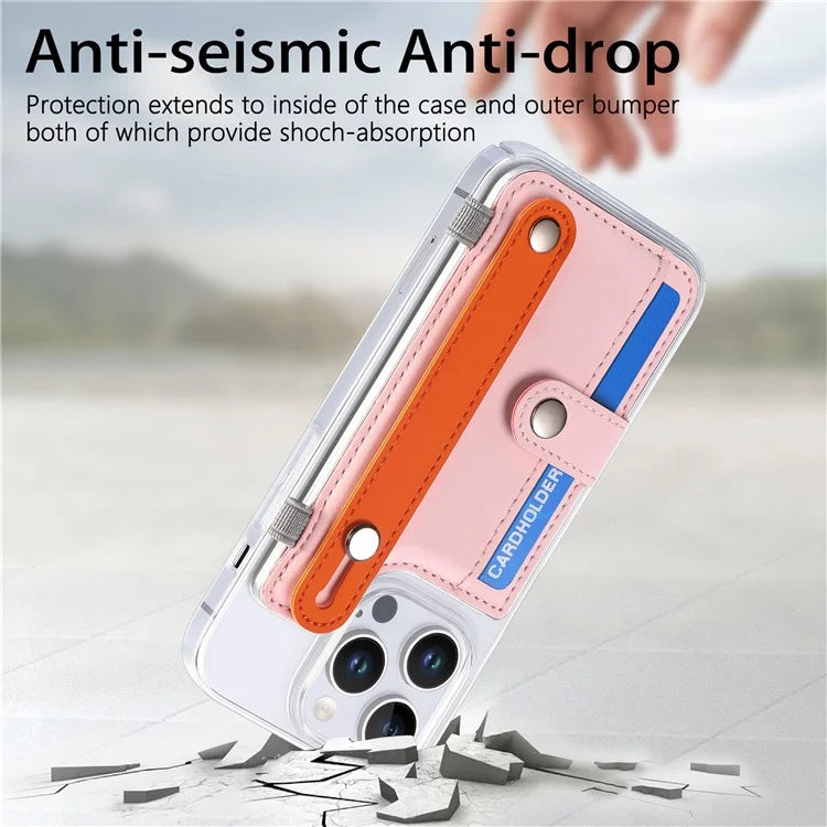 CY1 For iPhone 16 Pro Max Case Card Slot Wristband Kickstand Leather+PC Phone Cover