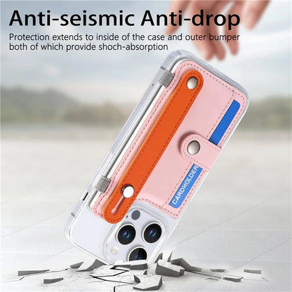 CY1 For iPhone 16 Pro Max Case Card Slot Wristband Kickstand Leather+PC Phone Cover