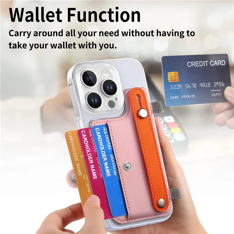 CY1 For iPhone 16 Pro Max Case Card Slot Wristband Kickstand Leather+PC Phone Cover