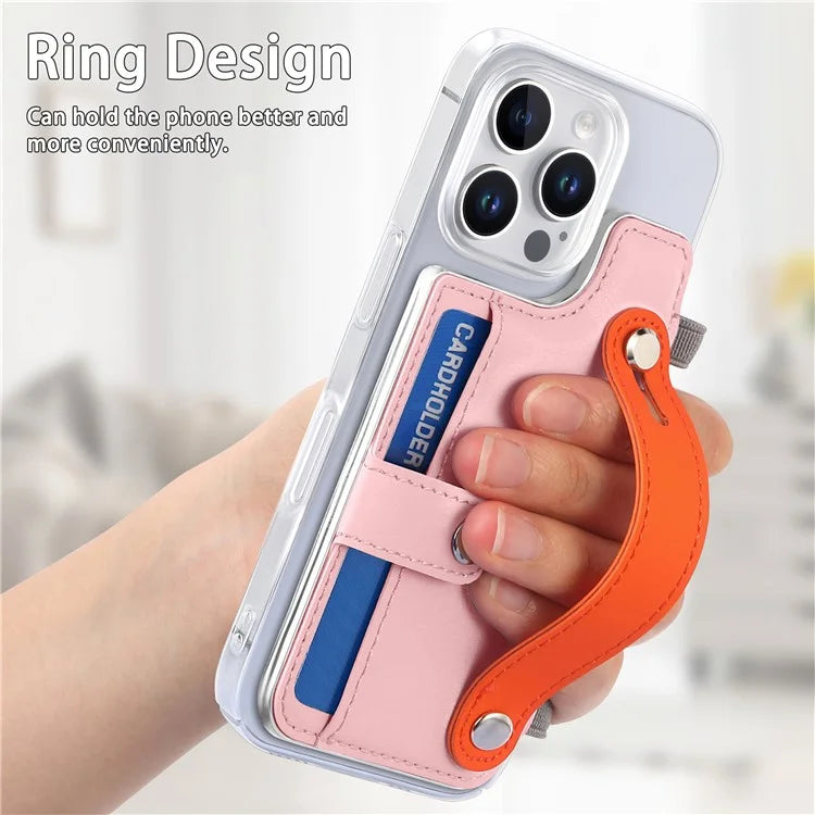 CY1 For iPhone 16 Pro Max Case Card Slot Wristband Kickstand Leather+PC Phone Cover