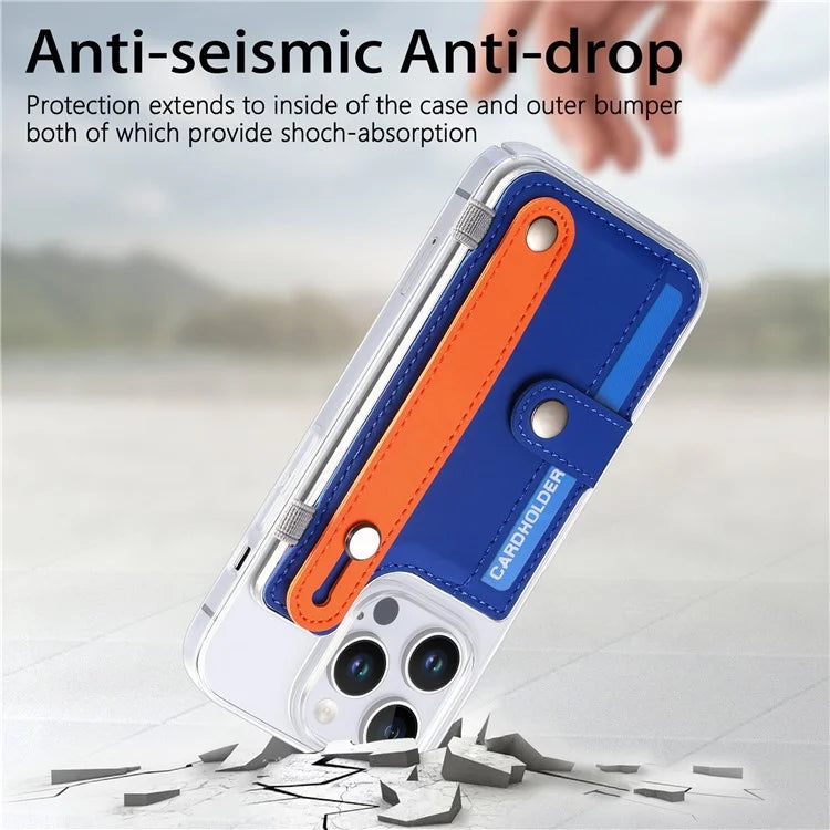 CY1 For iPhone 16 Pro Max Case Card Slot Wristband Kickstand Leather+PC Phone Cover
