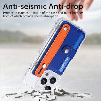 CY1 For iPhone 16 Pro Max Case Card Slot Wristband Kickstand Leather+PC Phone Cover
