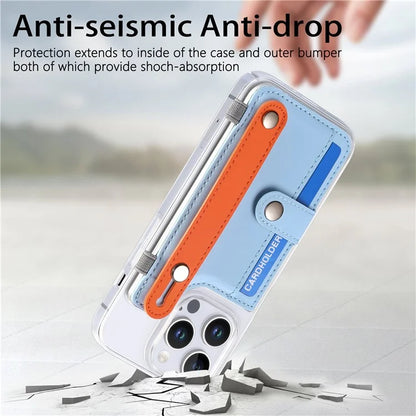 CY1 For iPhone 16 Pro Max Case Card Slot Wristband Kickstand Leather+PC Phone Cover
