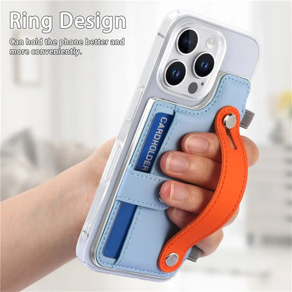 CY1 For iPhone 16 Pro Max Case Card Slot Wristband Kickstand Leather+PC Phone Cover