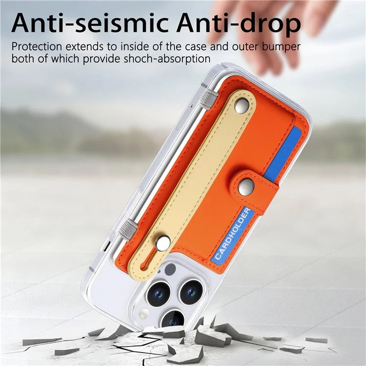 CY1 For iPhone 16 Pro Max Case Card Slot Wristband Kickstand Leather+PC Phone Cover