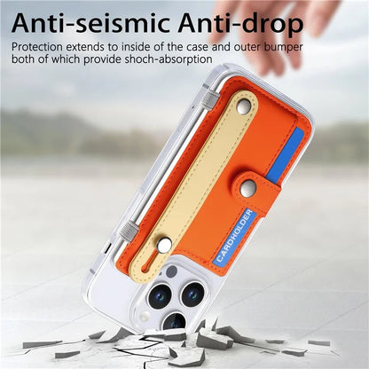 CY1 For iPhone 16 Pro Max Case Card Slot Wristband Kickstand Leather+PC Phone Cover