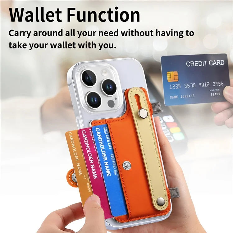 CY1 For iPhone 16 Pro Max Case Card Slot Wristband Kickstand Leather+PC Phone Cover
