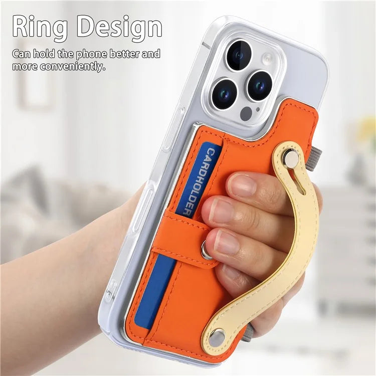CY1 For iPhone 16 Pro Max Case Card Slot Wristband Kickstand Leather+PC Phone Cover