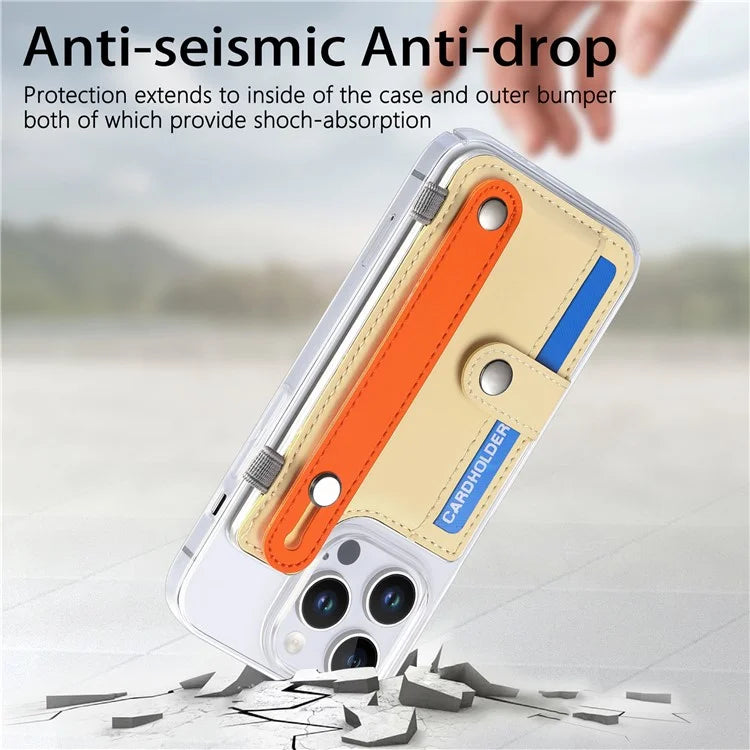 CY1 For iPhone 16 Pro Max Case Card Slot Wristband Kickstand Leather+PC Phone Cover