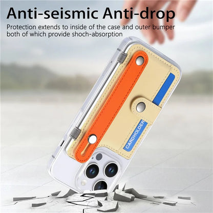 CY1 For iPhone 16 Pro Max Case Card Slot Wristband Kickstand Leather+PC Phone Cover