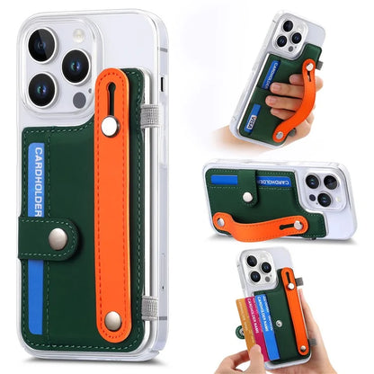 CY1 For iPhone 16 Pro Max Case Card Slot Wristband Kickstand Leather+PC Phone Cover