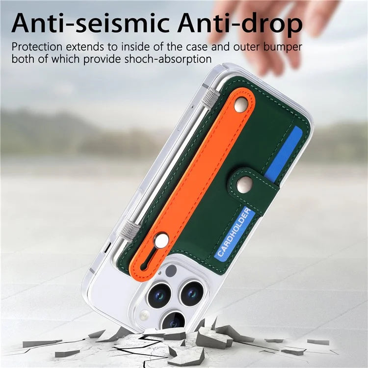 CY1 For iPhone 16 Pro Max Case Card Slot Wristband Kickstand Leather+PC Phone Cover