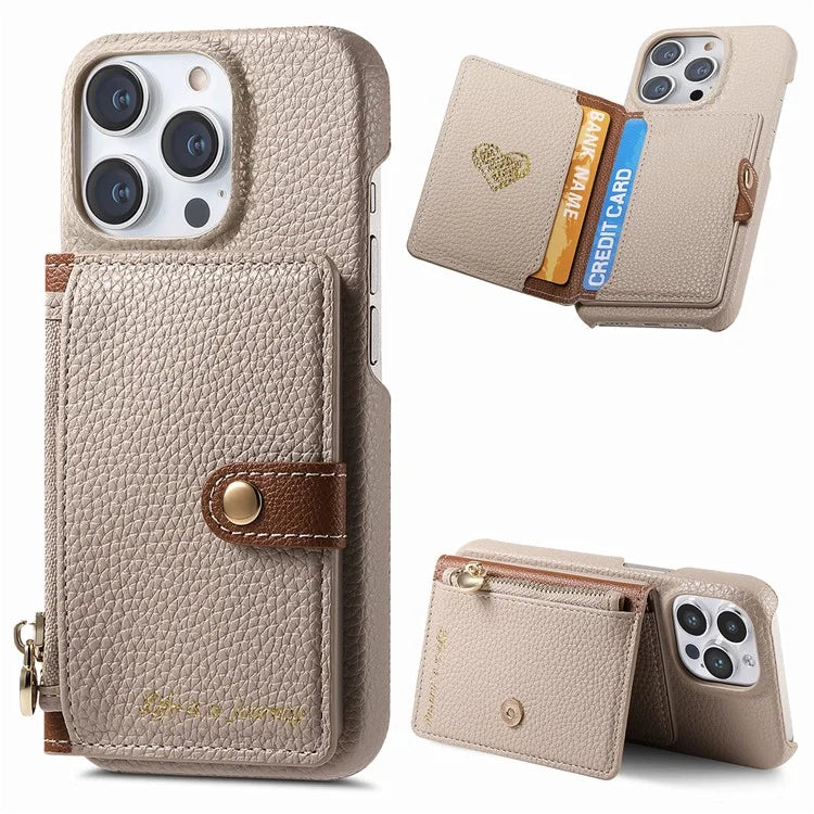Y4 For iPhone 16 Pro Max Case Zipper Pocket Leather+TPU Phone Cover Card Holder Kickstand