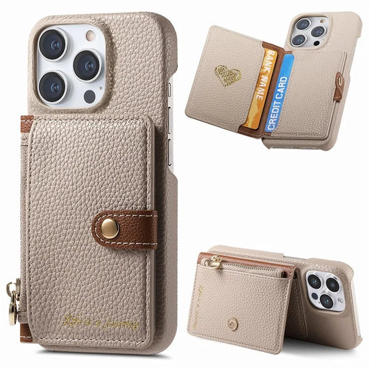 Y4 For iPhone 16 Pro Max Case Zipper Pocket Leather+TPU Phone Cover Card Holder Kickstand