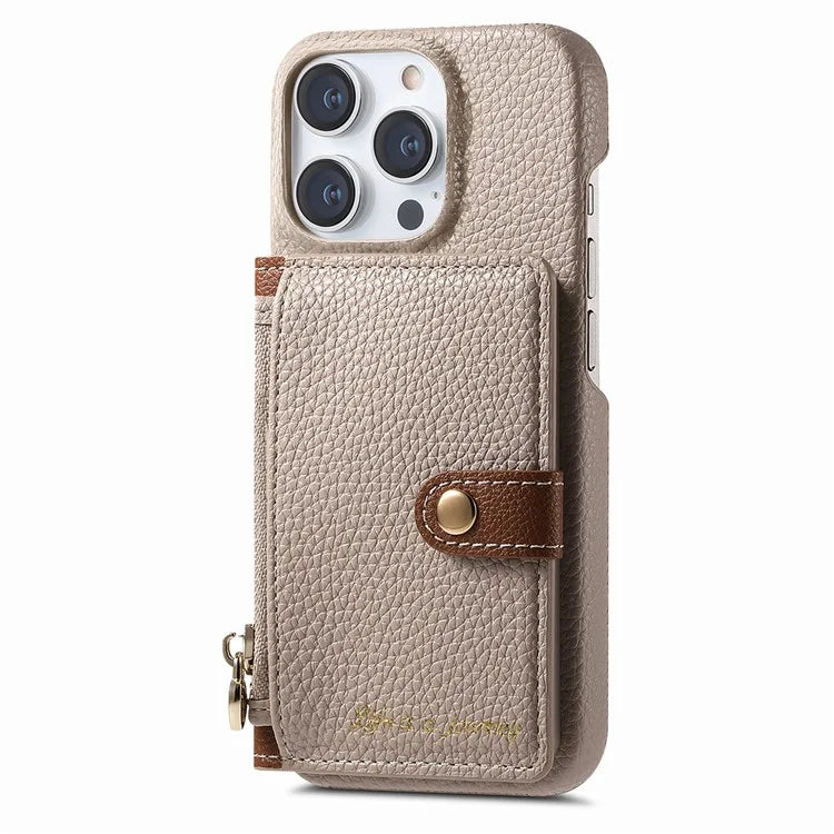 Y4 For iPhone 16 Pro Max Case Zipper Pocket Leather+TPU Phone Cover Card Holder Kickstand