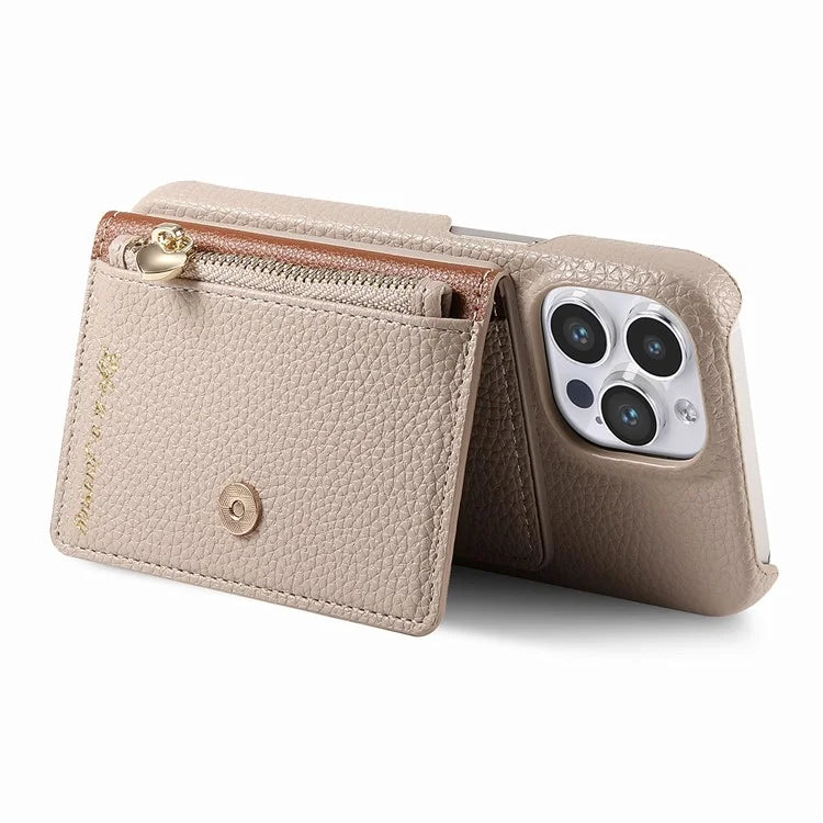 Y4 For iPhone 16 Pro Max Case Zipper Pocket Leather+TPU Phone Cover Card Holder Kickstand