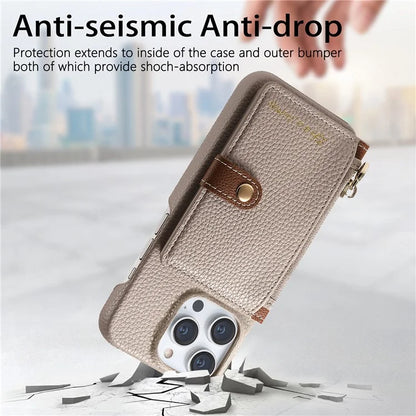 Y4 For iPhone 16 Pro Max Case Zipper Pocket Leather+TPU Phone Cover Card Holder Kickstand