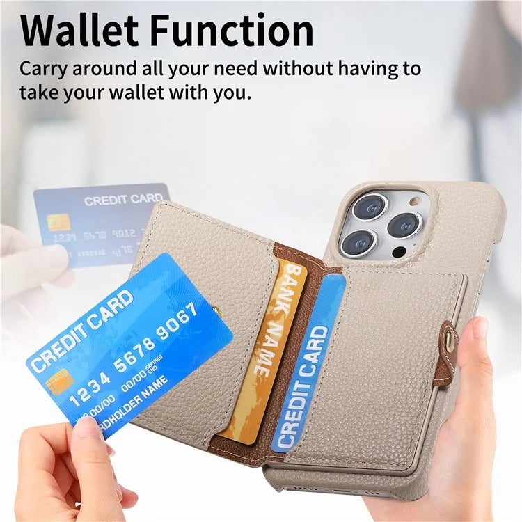Y4 For iPhone 16 Pro Max Case Zipper Pocket Leather+TPU Phone Cover Card Holder Kickstand