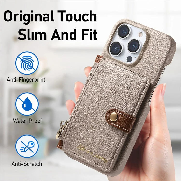 Y4 For iPhone 16 Pro Max Case Zipper Pocket Leather+TPU Phone Cover Card Holder Kickstand