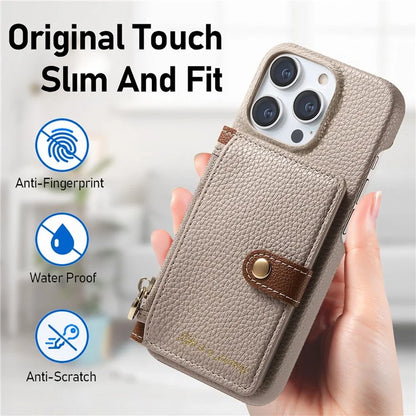 Y4 For iPhone 16 Pro Max Case Zipper Pocket Leather+TPU Phone Cover Card Holder Kickstand