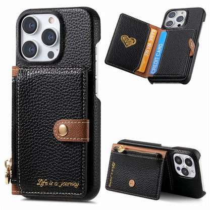 Y4 For iPhone 16 Pro Max Case Zipper Pocket Leather+TPU Phone Cover Card Holder Kickstand