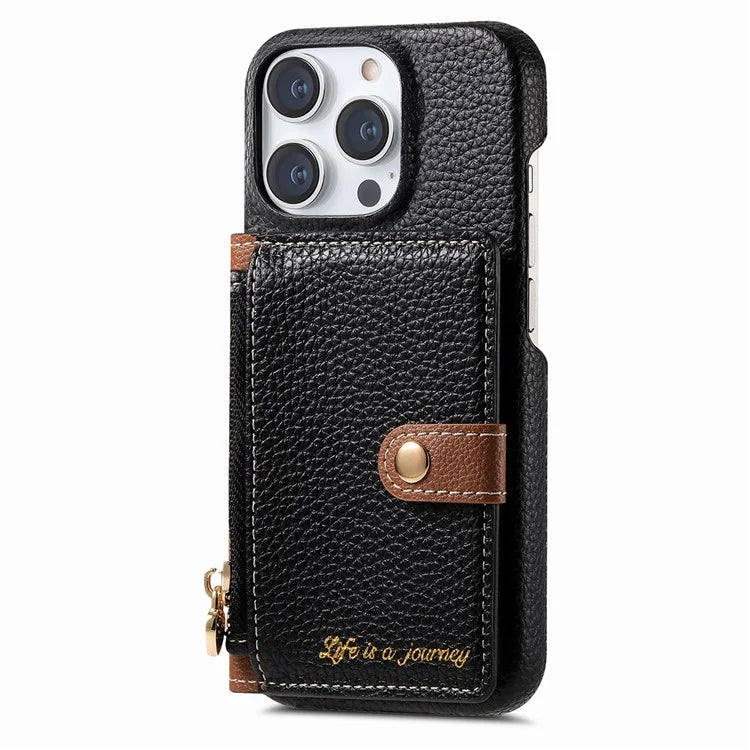 Y4 For iPhone 16 Pro Max Case Zipper Pocket Leather+TPU Phone Cover Card Holder Kickstand