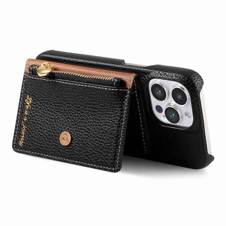 Y4 For iPhone 16 Pro Max Case Zipper Pocket Leather+TPU Phone Cover Card Holder Kickstand