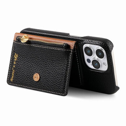Y4 For iPhone 16 Pro Max Case Zipper Pocket Leather+TPU Phone Cover Card Holder Kickstand