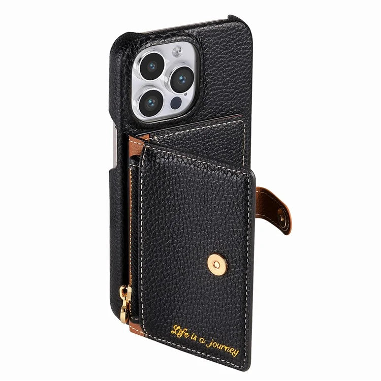 Y4 For iPhone 16 Pro Max Case Zipper Pocket Leather+TPU Phone Cover Card Holder Kickstand