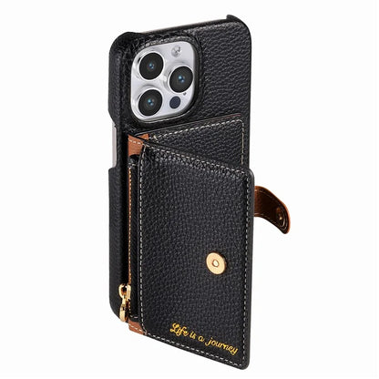 Y4 For iPhone 16 Pro Max Case Zipper Pocket Leather+TPU Phone Cover Card Holder Kickstand