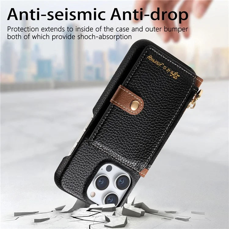 Y4 For iPhone 16 Pro Max Case Zipper Pocket Leather+TPU Phone Cover Card Holder Kickstand