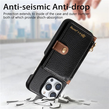 Y4 For iPhone 16 Pro Max Case Zipper Pocket Leather+TPU Phone Cover Card Holder Kickstand