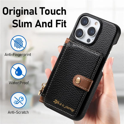 Y4 For iPhone 16 Pro Max Case Zipper Pocket Leather+TPU Phone Cover Card Holder Kickstand