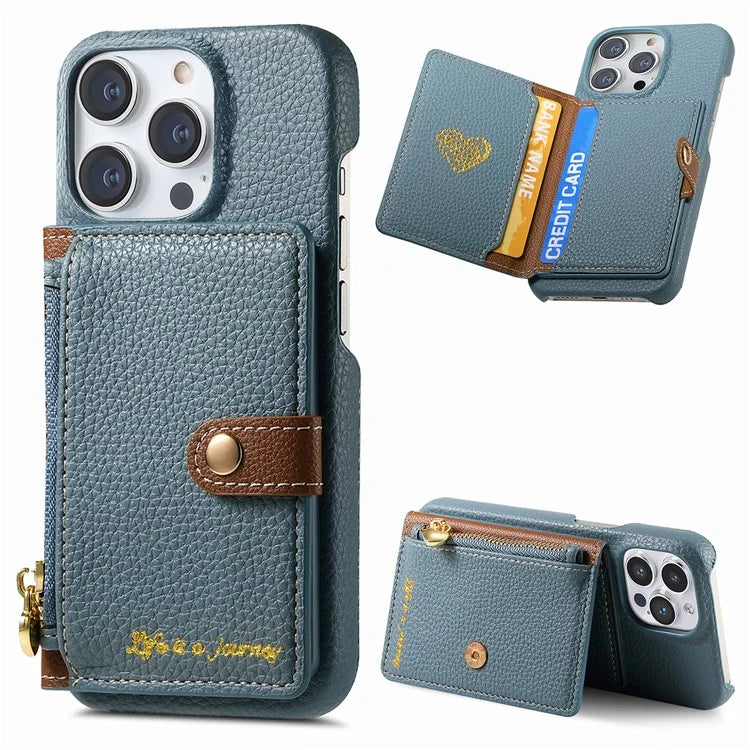 Y4 For iPhone 16 Pro Max Case Zipper Pocket Leather+TPU Phone Cover Card Holder Kickstand